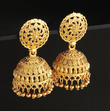 A pair of intricately designed gold-plated jhumka earrings from the Mekkna brand, featuring detailed craftsmanship and a luxurious finish.