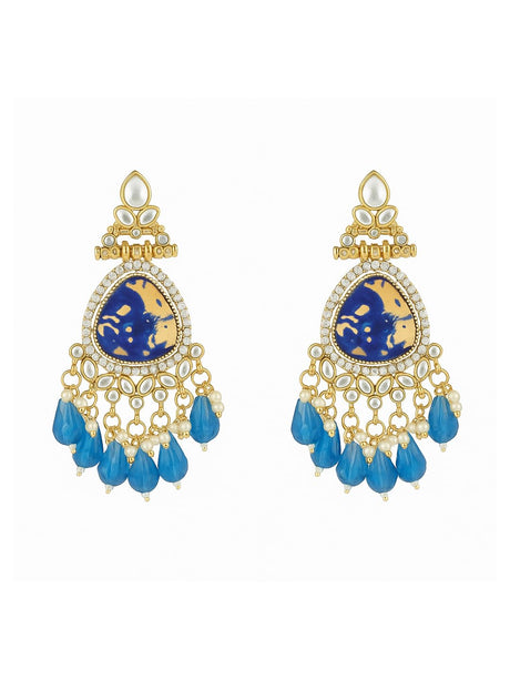 Blue Stone Gold-Plated Chandbali Earrings for Women | Traditional Ethnic Dangle Earrings with Beads | Wedding & Festive Jewelry