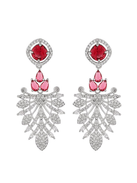 American Diamond Elegant Statement Earrings, Red and Silver, Floral Leaf Chandelier Drop Danglers