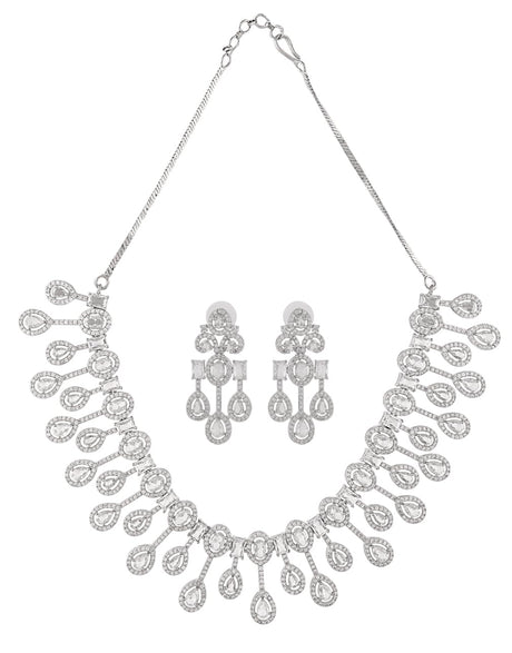 American Diamond Jewellery Set for Women | CZ Cubic Zironia Rhodium Plated Necklace Set with Matching Statment Earrings | Festival and Wedding Jewellery