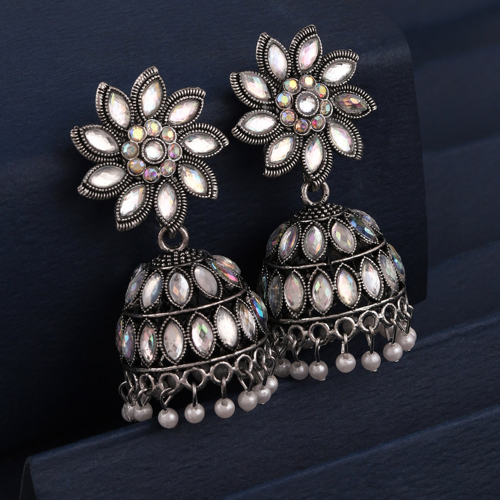  Antique Silver Jhumkas with Delicate Pearl Accents