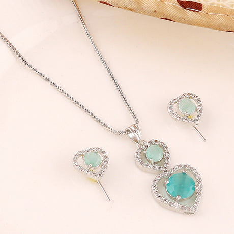 Mekkna "Ocean Heart" American Diamond and Blue Stone Pendant Set