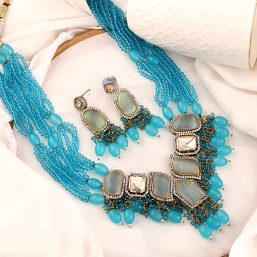  Mekkna's Multi-Stranded Blue Beaded Necklace Set with Gemstone Pendant