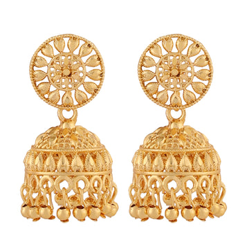 A pair of intricately designed gold-plated jhumka earrings from the Mekkna brand, featuring detailed craftsmanship and a luxurious finish.