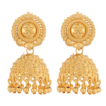 A pair of intricately designed gold-plated jhumka earrings from the Mekkna brand, featuring detailed craftsmanship and a luxurious finish.