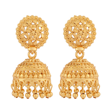 A pair of intricately designed gold-plated jhumka earrings from the Mekkna brand, featuring detailed craftsmanship and a luxurious finish.