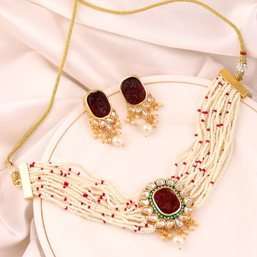 Mekkna's Regal Red Gemstone and Pearl Necklace Set