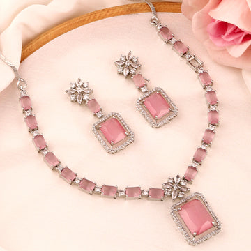 Mekkna Elegant Pink Alloy Necklace Set with American Diamond Studded Pendant and Earrings 