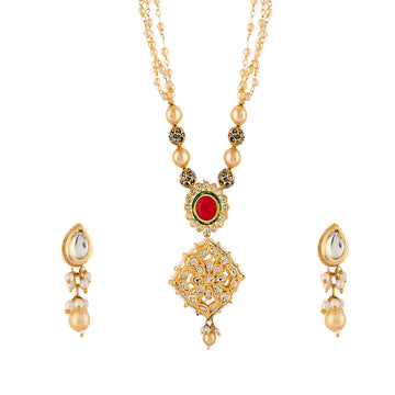 Mekkna Elegant Gold-Plated Pearl Necklace Set with Red Gemstone Pendant        