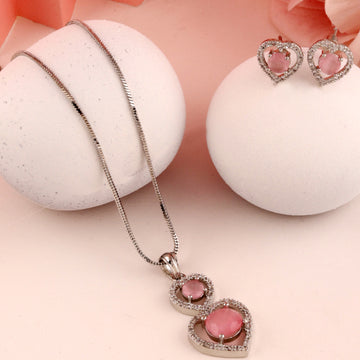  Mekkna "Pink Heart" American Diamond and Rose Quartz Pendant Set