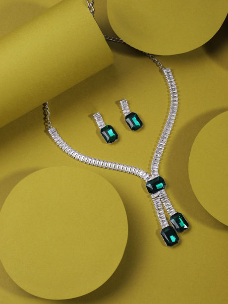 Silver Plated Green Stone Necklace Set For Women