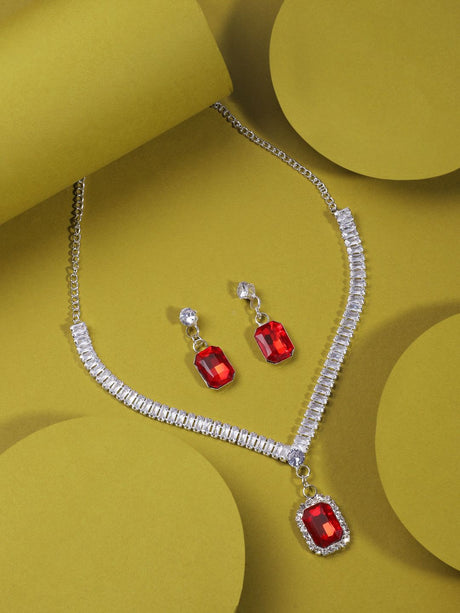 Silver Plated Red Stone Necklace Set For Women