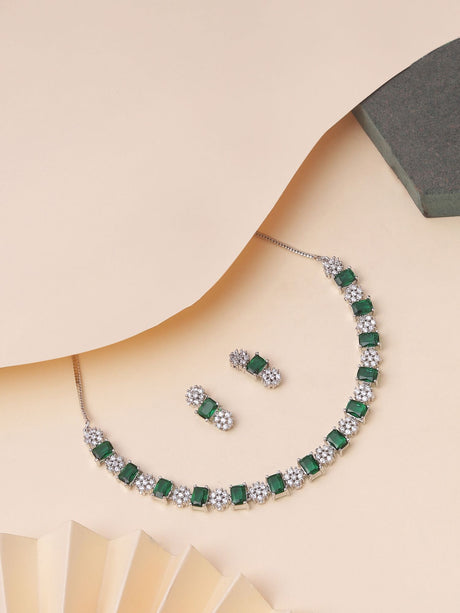 Green Silver Plated Green Stone Ad Necklace Set