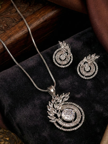 Silver Stoned Pendant Set For Women