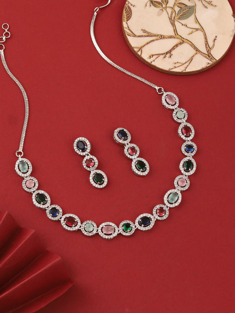 Silver Plated Multicolor Cz Stone Necklace Set With Drop Earrings