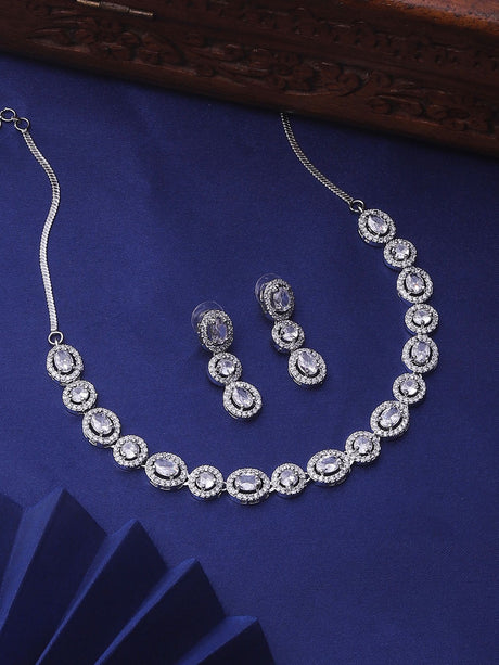 Silver Plated Oval Cz Stone Necklace Set With Drop Earrings