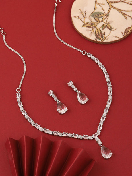 Elegant Silver Plated Ad Stone Necklace Set For Women