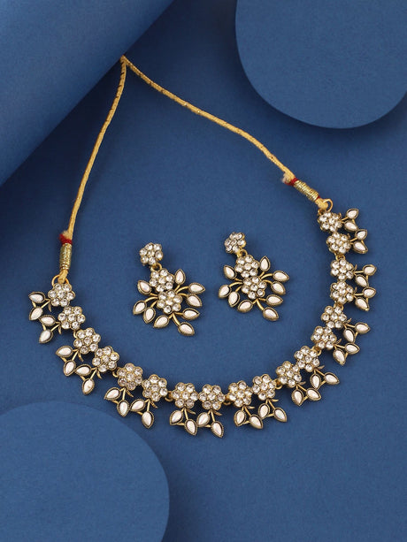 Gold Plated Ad Stone Floral Necklace Set For Women And Girls
