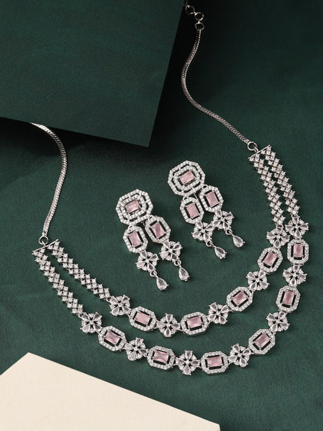Pink Silver Plated Pink Stone Ad Necklace Set