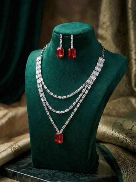 Silver Plated Red Stoned Jewellery Set