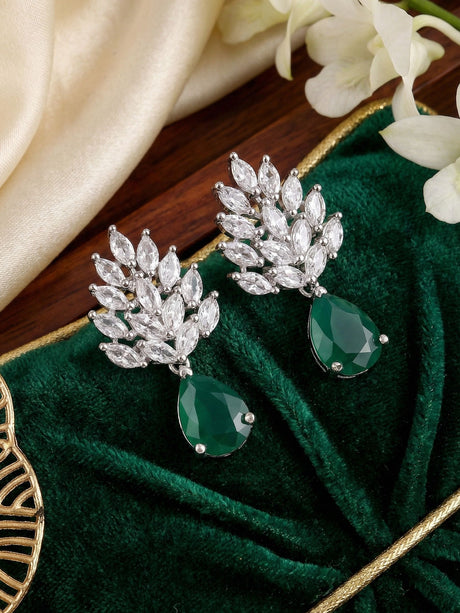 Silver Alloy Green Stoned Fashionable Earrings For Women Pack Of 2