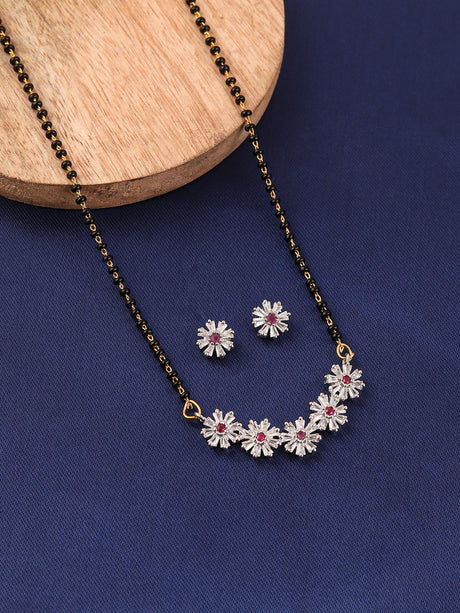 Floral Cz Mangalsutra Set With Red Stone Stud Earrings
