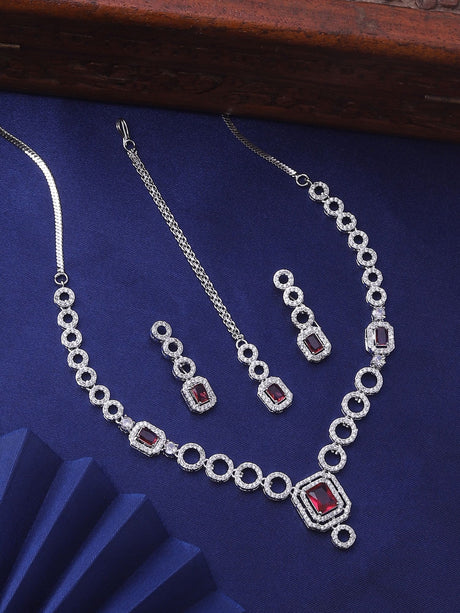 Silver Plated Ad Stone Pink Jewelry Set For Women