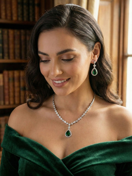 Silver Green Alloy Elegant Jewellery Set For Women - Image 2