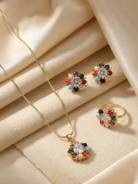 Multicolor Navratna Pendant Set With Earrings And Ring