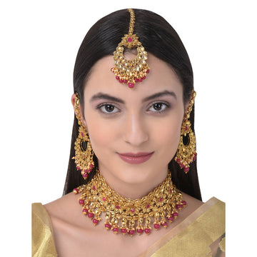 Kundan Necklace with Earrings and Maang Tika for Women | Buy Jewellery set Online from Mekkna