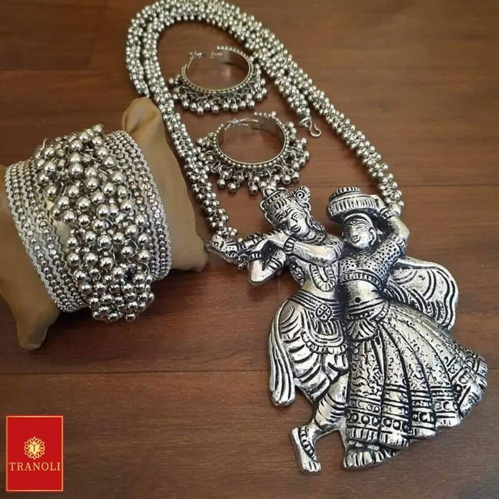 Tranoli Designer German Silver Radhe Krishna Ghungroo Jewellery Set