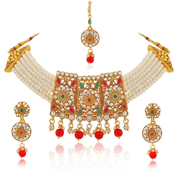 Best Traditional Handcrafted Designed by Mekkna of Necklace, Maang-Tika with Earrings for Women. Now We can Book This Jewellery set online from Mekkna. 