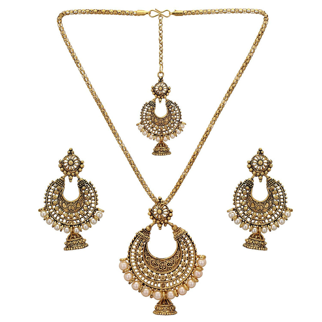Best Traditional Handcrafted Designed by Mekkna of Necklace, Maang-Tika with Earrings for Women. Now We can Book This Jewellery set online from Mekkna.