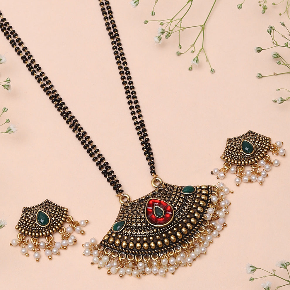  Gold Plated Alloy Traditional Mangalsutra with Earrings | Buy This Jewellery set Online from Mekkna