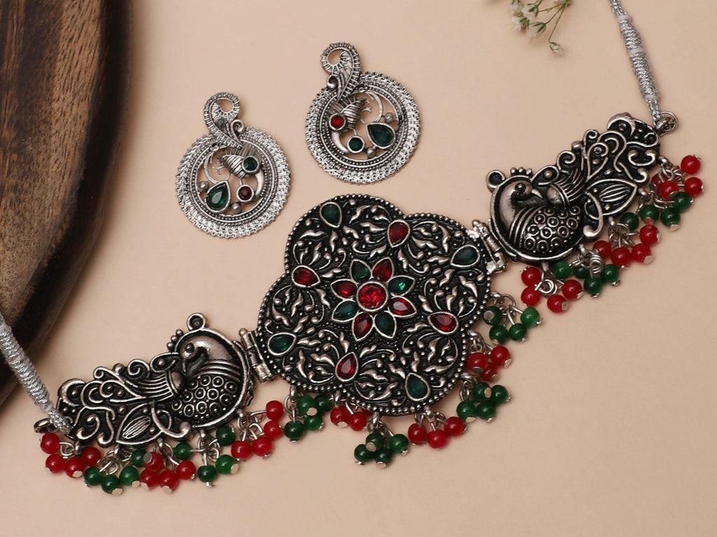 Oxidize Plated Alloy Traditional Choker with Earrings | Buy This Online Choker Necklace from Mekkna