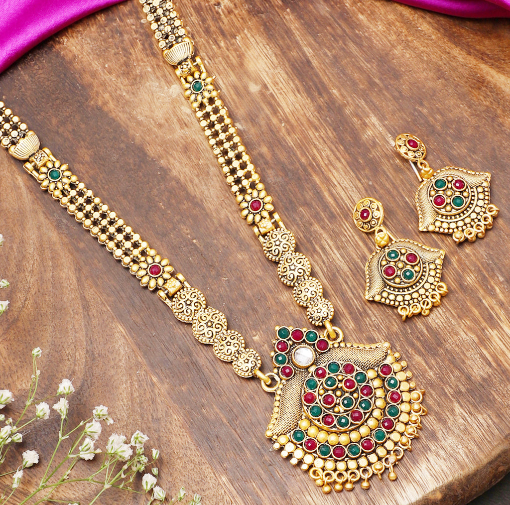  Gold Plated Alloy Traditional Necklace with Earrings | Buy This Necklace Online from Mekkna
