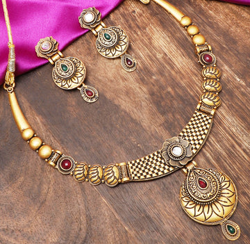 Gold Plated Traditional Necklace with Earrings for women | Buy This Necklace set Online from Mekkna