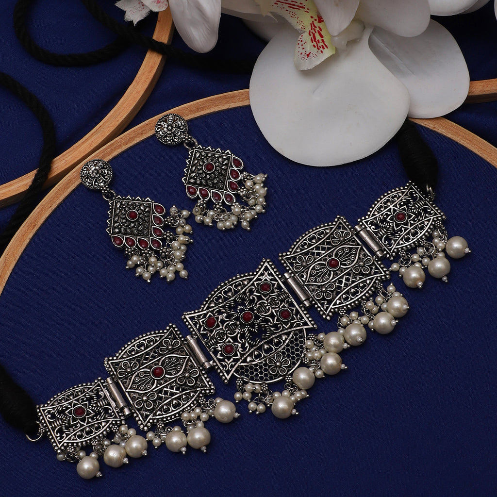  Oxidize Plated Alloy Traditional Choker with Earrings | Buy This Choker Online from Mekkna