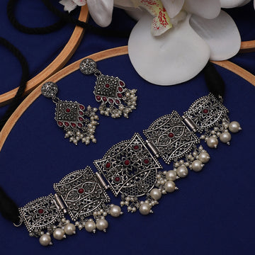  Oxidize Plated Alloy Traditional Choker with Earrings | Buy This Choker Online from Mekkna