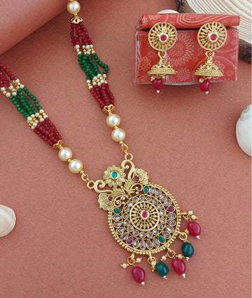 Traditional Gold Plated Necklace with Earrings | Buy This Jewellery set Online from Mekkna