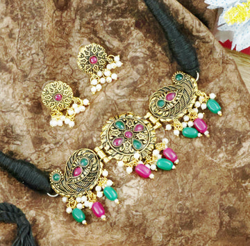 Mekkna Women's Pride Traditional Gold Plated Choker with Earrings for women | Buy This Choker set Online from Mekkna
