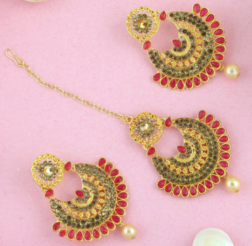 Mekkna Women's Pride Traditional Gold Plated Earrings with Maang-Tika | Buy This Jewellery Online from Mekkna